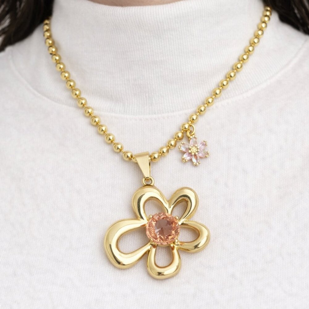 Classic Style Flower Copper Zircon 18K Gold Plated  Ball Chain Pendant Necklace
